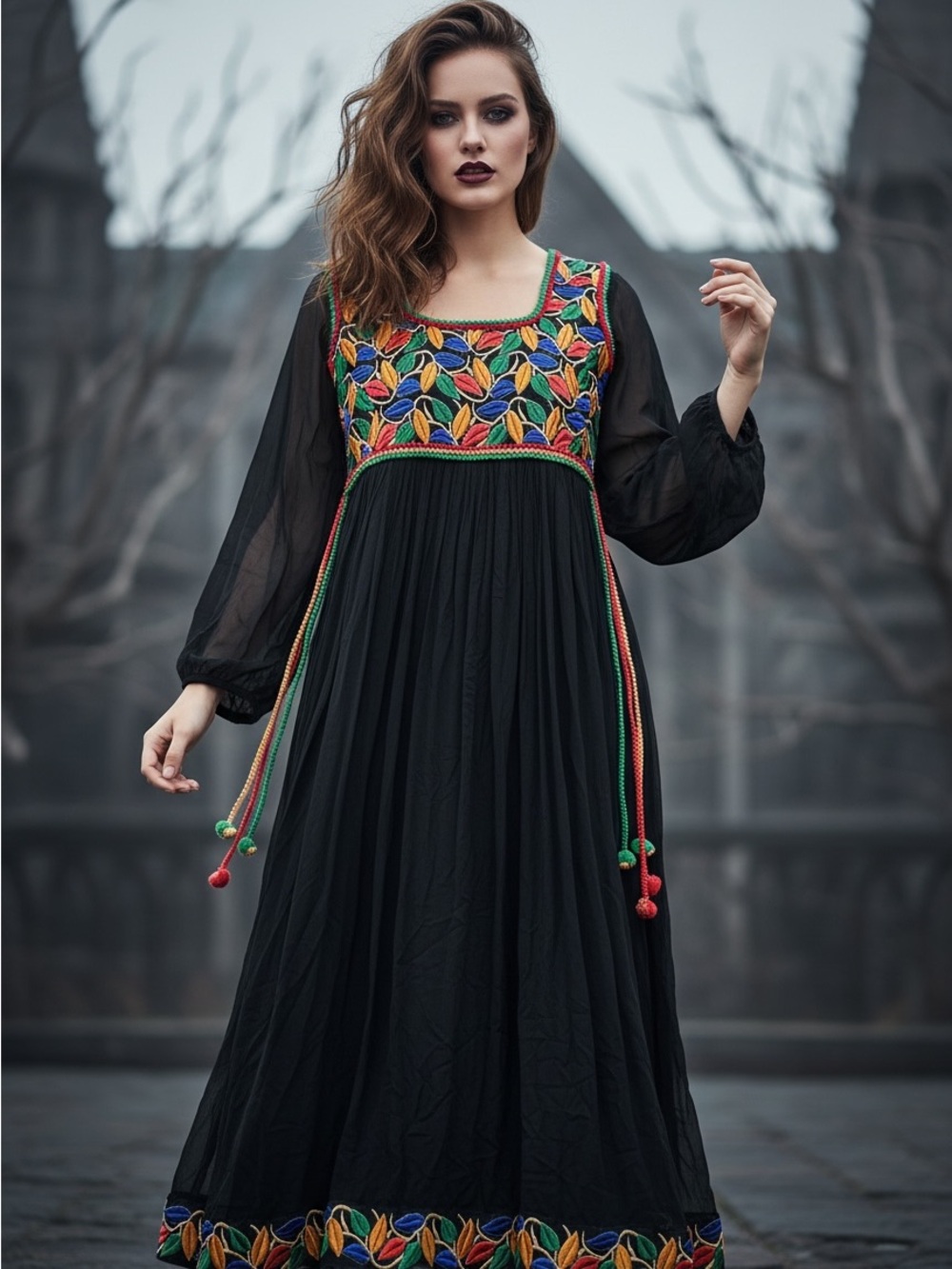 Vintage Y2K Level Eight India Black Sheer Embroidered Maxi Dress Boho Whimsigoth